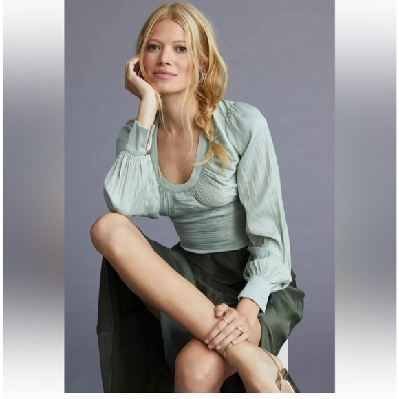 Anthropologie Smocked Blouson Sleeve Blouse Sage Green Open Back Satin Party L - Picture 16 of 16